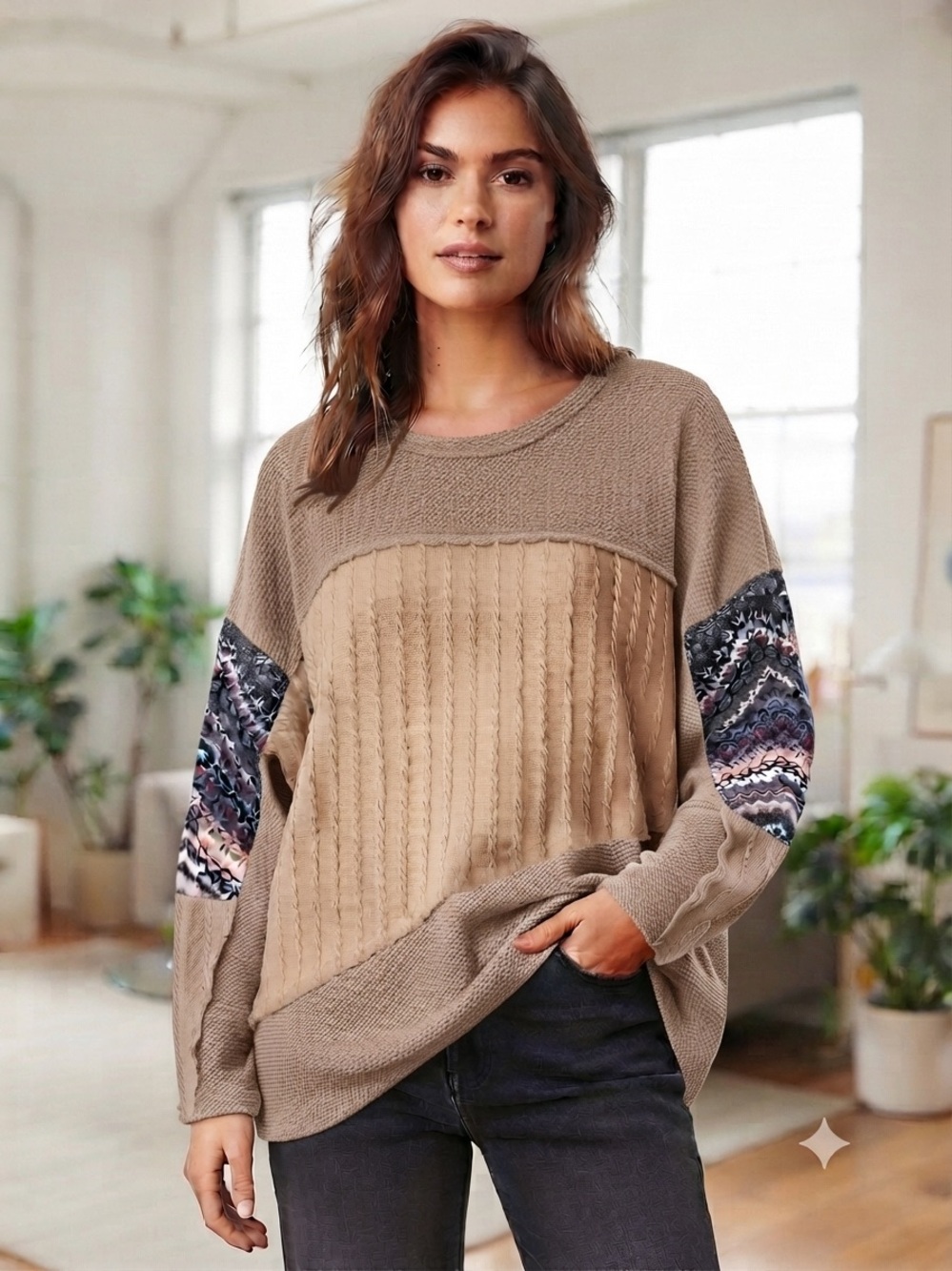 Relaxed Taupe Cable-Knit Top with Patterned Elbow Panels NWOT